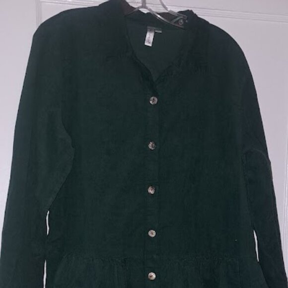 kleen Green Cordoroy Button Down Long Sleeve with Peplum Waist Shirt Size Medium - Picture 2 of 6